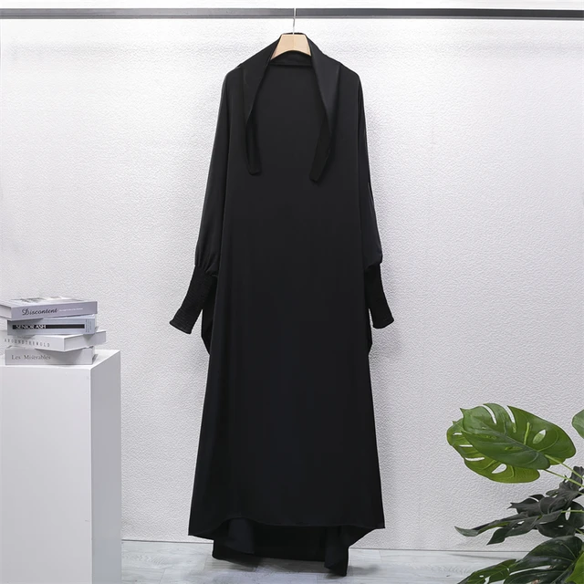 Abaya Jilbab pour femmes musulmanes, vêtements islamiques, dubaï, saoudien, robe noire, modestie turque, robe de prière une pièce, manches smocks à capuche – Image 5