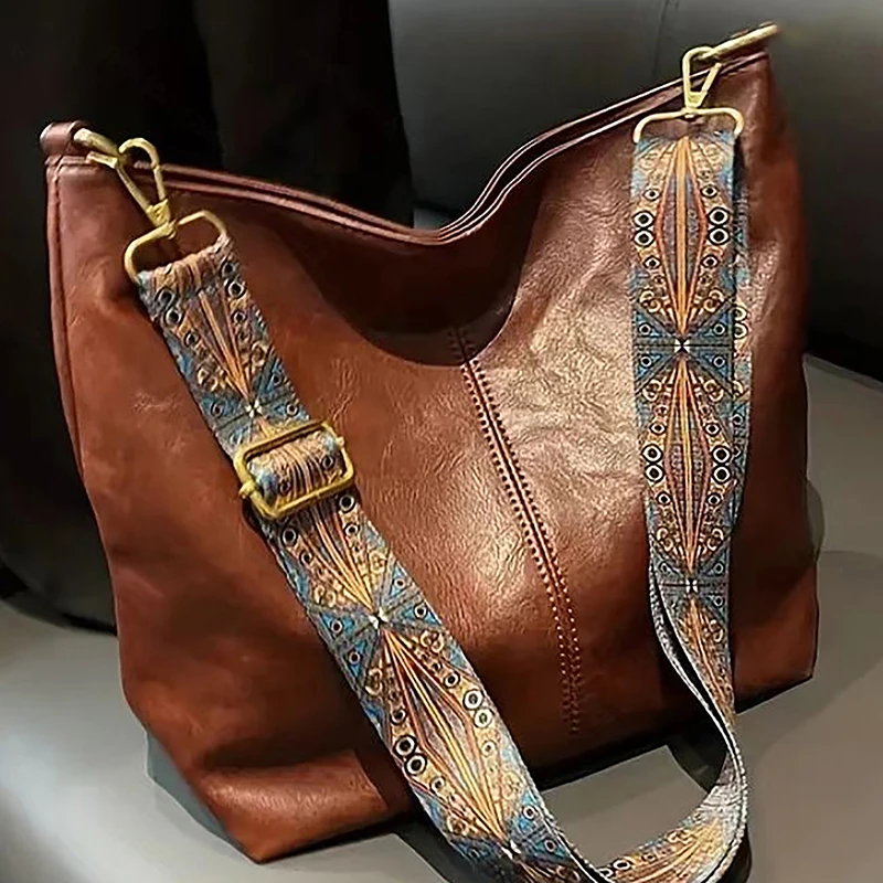 Sac à bandoulière à large sangle géométrique, sacs à bandoulière de grande capacité pour femmes, sac rétro en cuir PU pour Shopping voyage