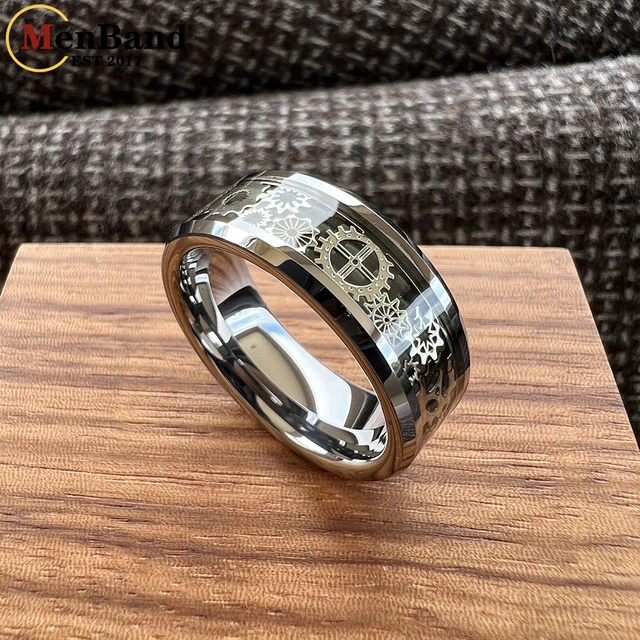 MenBand – bagues uniques en carbure de tungstène, 6/8mm, pour mariage, roue dentée, incrustation en Fiber de carbone bleue, bijoux à la mode, ajustement confortable – Image 4