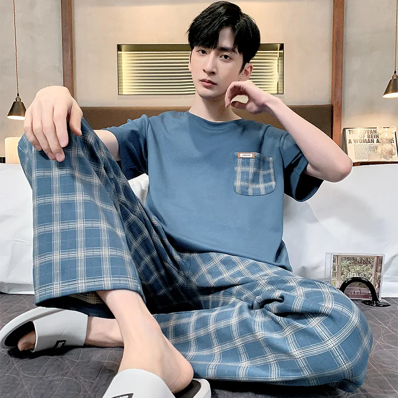 Pajamas Men's Tops and Pants Simple Loungewear Thin Cotton Male Plus Size Young Students Casual Striped Sleepwear Two Piece Set