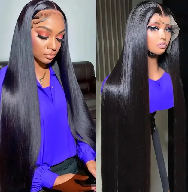 Black Straight 180% Density 13X6 HD Lace Front Wigs Synthetic Wig Preplucked Bleached Knots 180% Density Glueless Wig – Image 2
