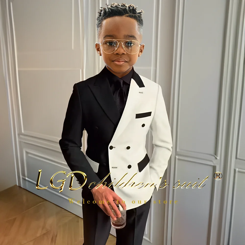 Mn-Veste et pantalon de smoking à double boutonnage pour garçons, revers Patricia, noir et blanc trempé, ajusté, formel, événement de mariage, 2 pièces