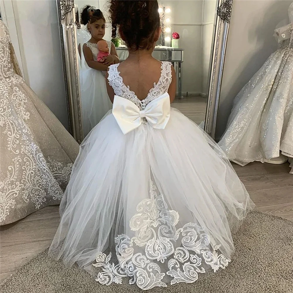 Robe de demoiselle d'honneur blanche en dentelle pour filles, avec gros nœud, à fleurs, robe de bal pour enfants, robe de fête de mariage, de concours, de première Communion