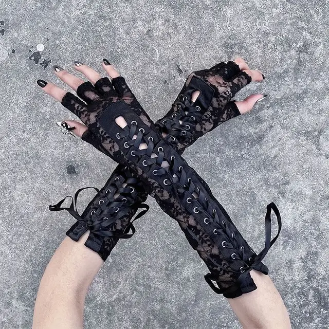 Mitaines en maille résille sans doigts pour femmes, dentelle florale sexy, longueur du coude, gants demi-doigts, ficelle noire, attaches en ruban, soirée séparés ante – Image 3