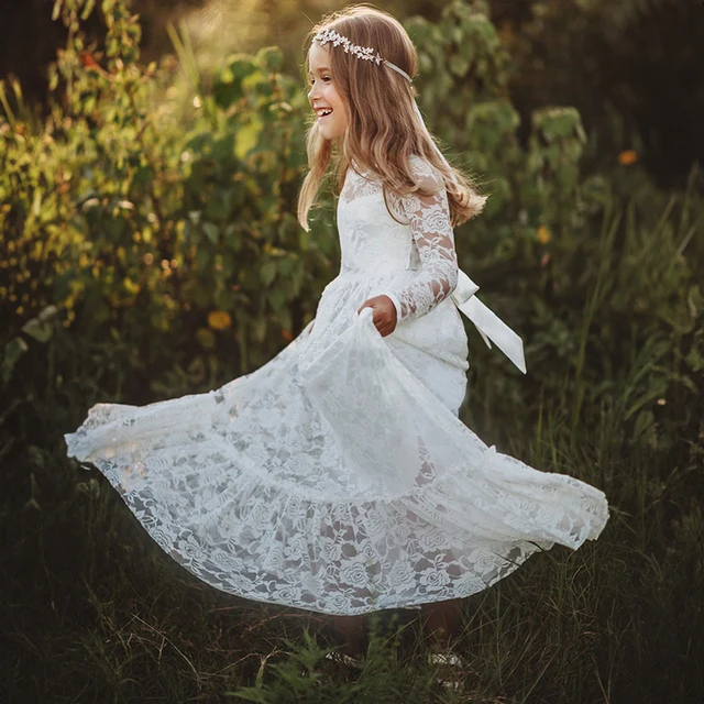 Robe d'été à manches longues pour filles de 2 à 12 ans, tenue de communion, de baptême, de mariage, de demoiselle d'honneur – Image 3