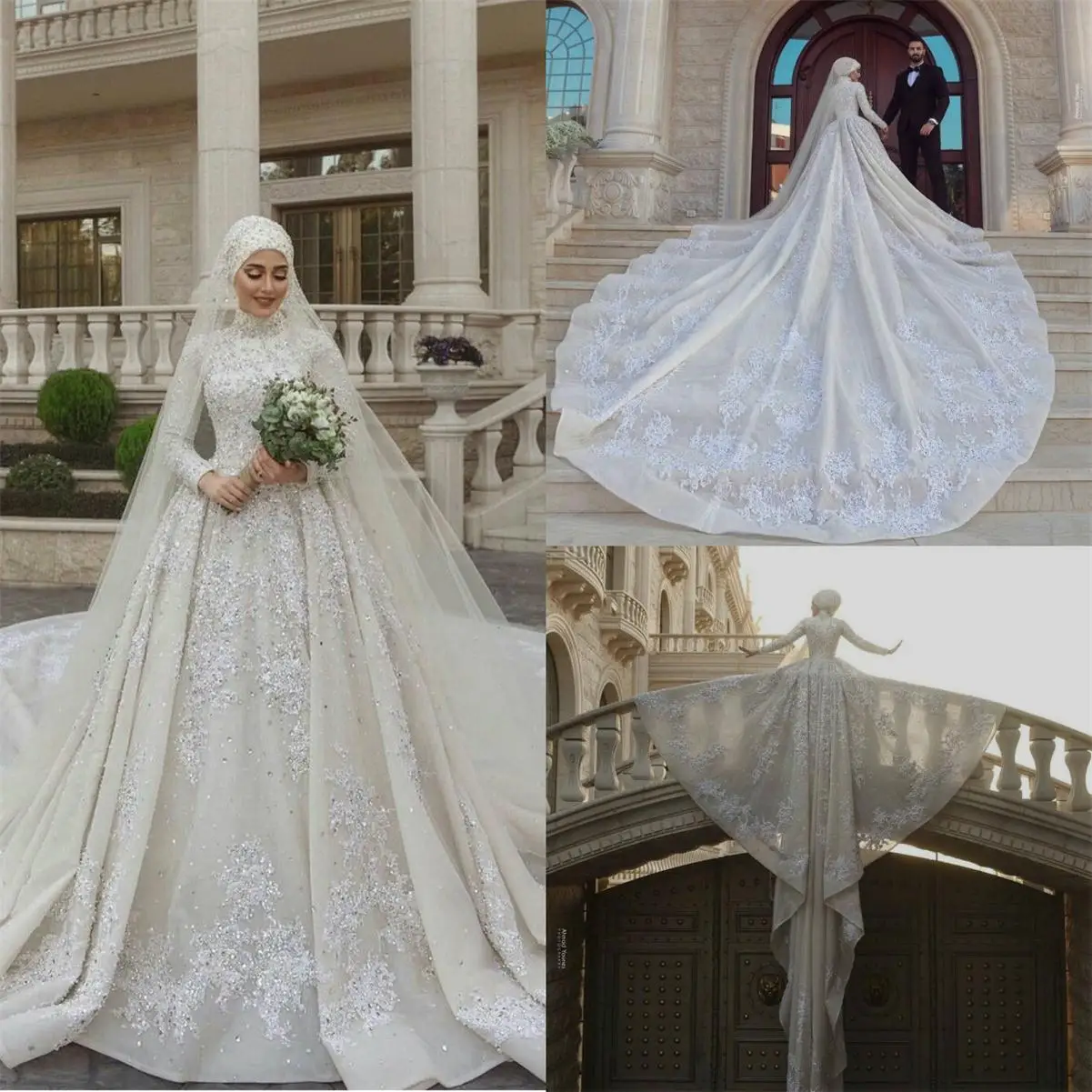 Robes de mariée musulmanes à paillettes brillantes personnalisées avec cristal Hijab, grande taille, patients, quel que soit le moyen-orient, luxe