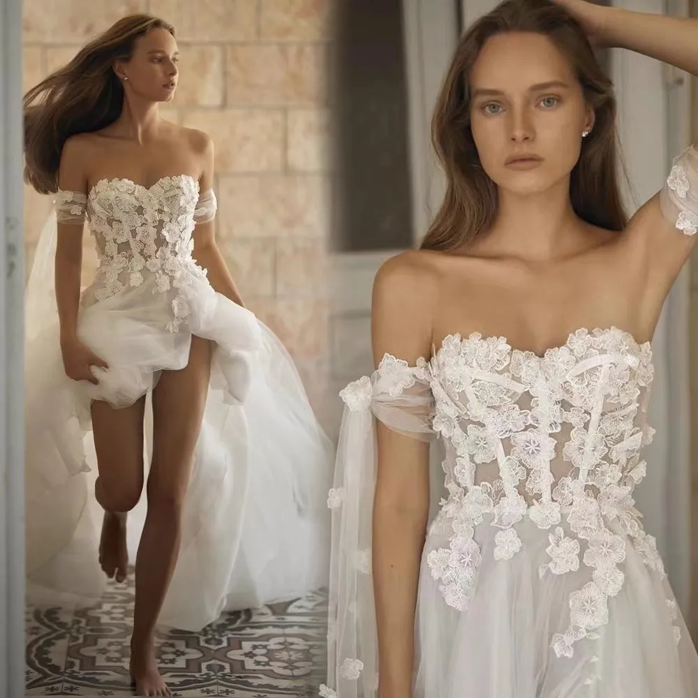 Robe de Mariée à Manches Courtes et Épaules Dénudées, Forme Trapèze, avec Fente Latérale, Style Boho