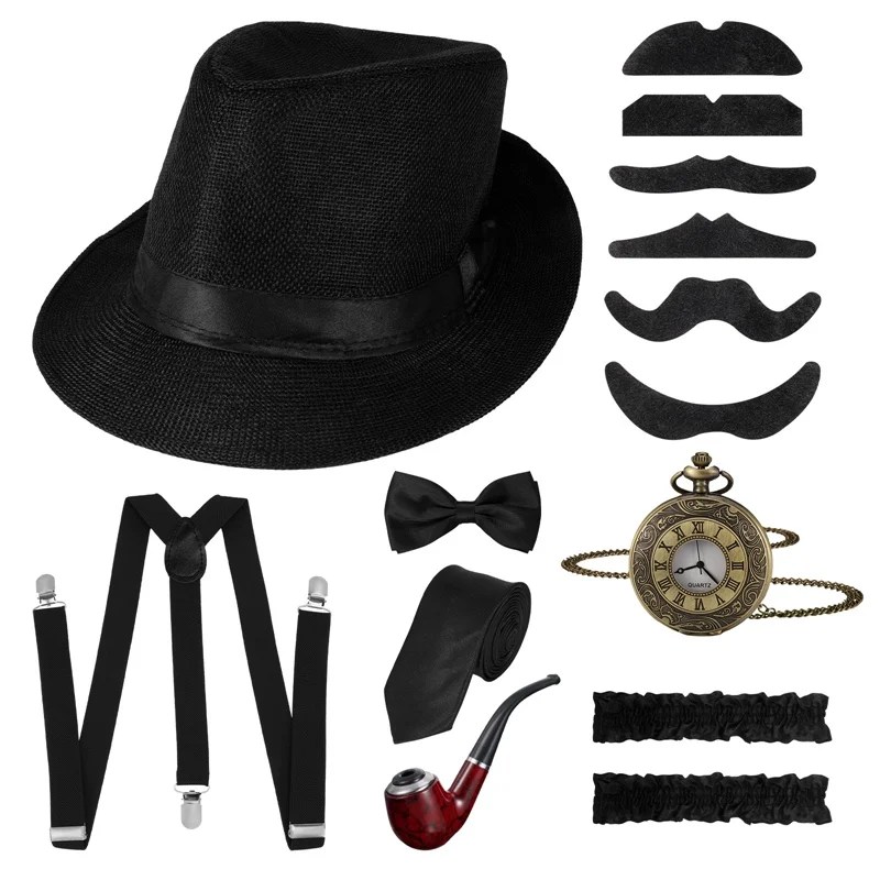 8 Pcs 1920S Mens Gatsby Gangster Costume Newsboy Jazz Dance Party Prom Cosplay Show Grandpa Accessories Set 1 Set Cowboy Caps