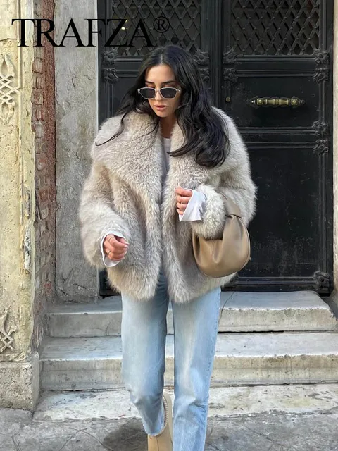 TRAFZA femmes mode recadrée fausse fourrure veste manteau à manches longues avant bouton pression vêtements de dessus pour femmes Chic revers col épais manteau – Image 5