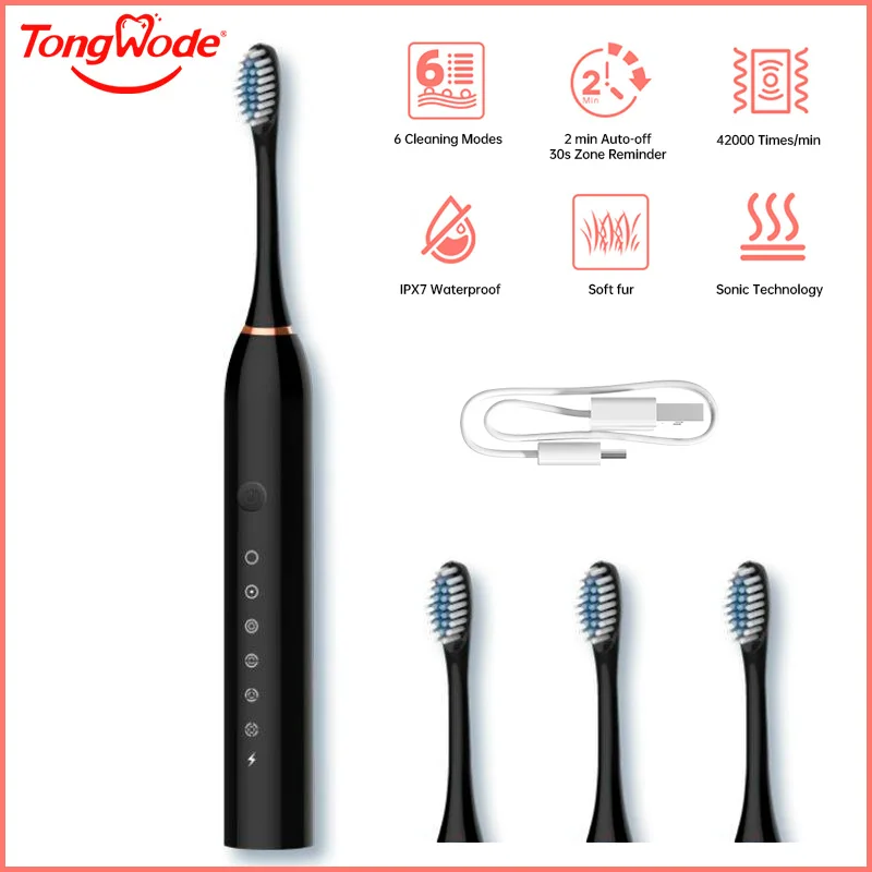 Tongwode-Brosse à dents électrique sonique pour adulte, avec minuterie, 4 modes, chargeur USB, aste, ensemble de têtes de rechange