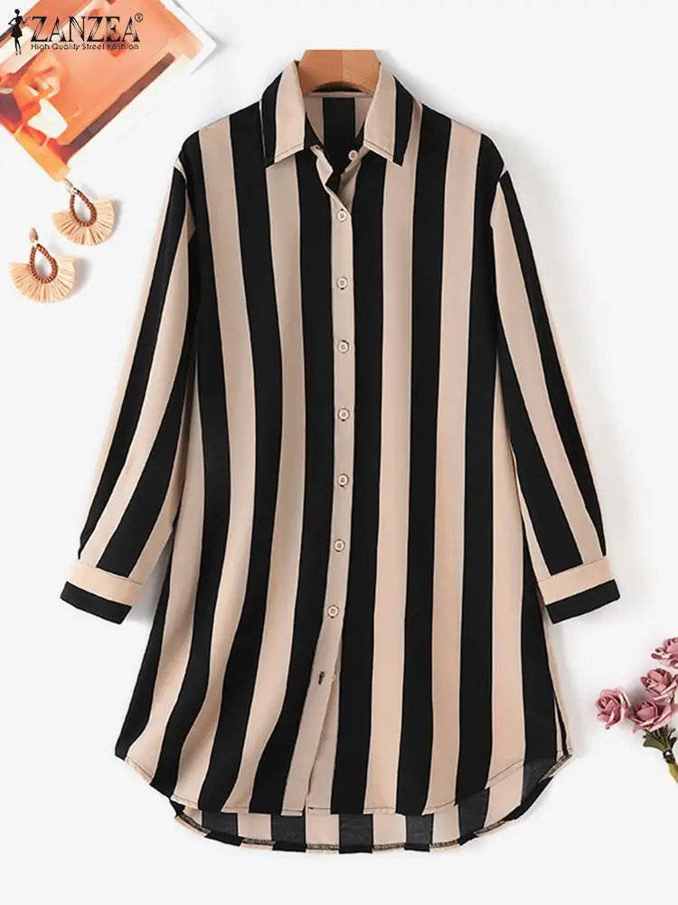 ZANZEA-Chemise Abaya Élégante à Manches sulfpour Femme, Blouse Vintage à Rayures, Vêtement Musulman, Dubaï, Turquie, 2024