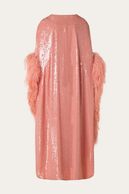 Robe de cocktail à manches longues et col rond pour femmes, paillettes kly, plumes scintillantes, perles, fente latérale haute, soirée – Image 4