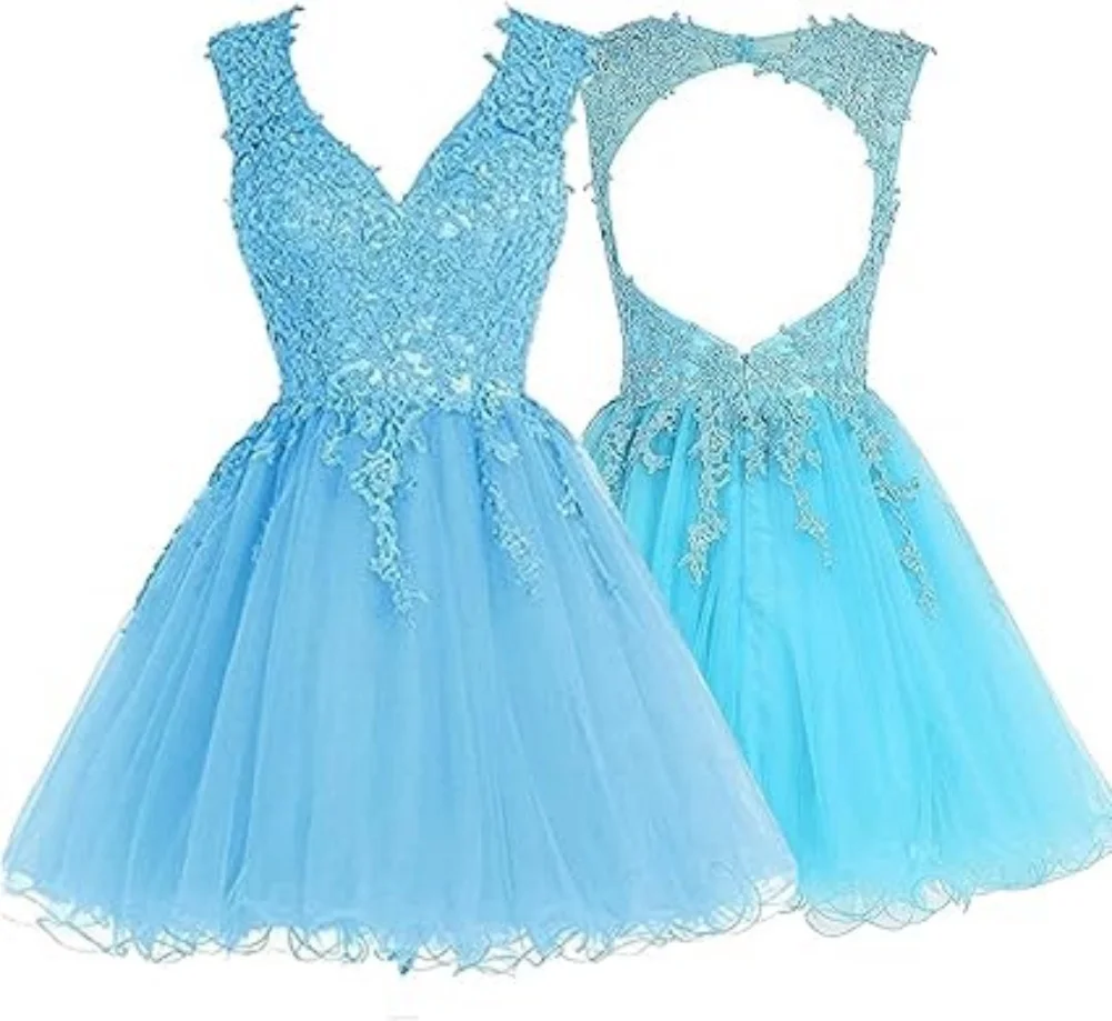 Mini robe de Rhdos nu à col en V pour adolescents, dentelle, zones d'appliques, robes de soirée
