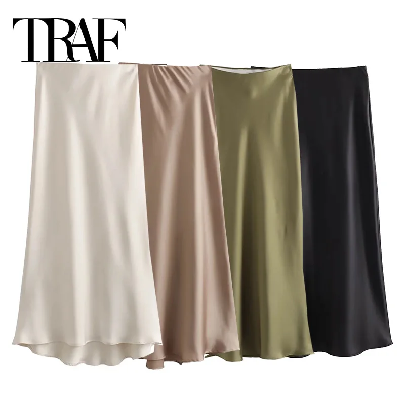TRAF femme 2024 jupe en Satin femmes taille haute jupes longues pour les femmes été noir jupe Midi bureau élégant femmes jupes