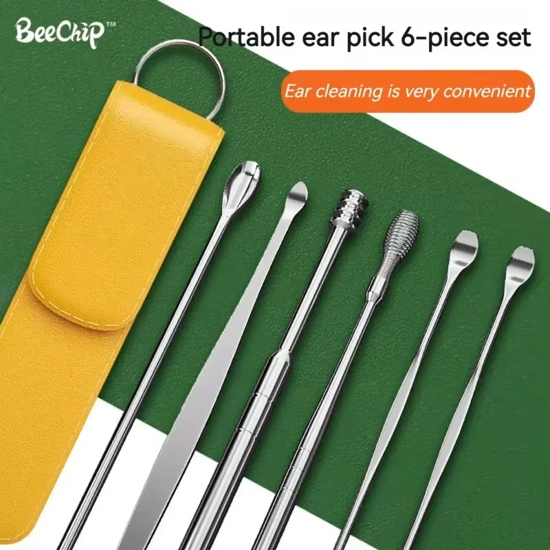 Cure-oreilles en acier inoxydable, 6 pièces, cuillère à oreille, nettoyage en spirale à 360 degrés, gardez vos oreilles propres et saines, ensemble de cuillères à oreilles