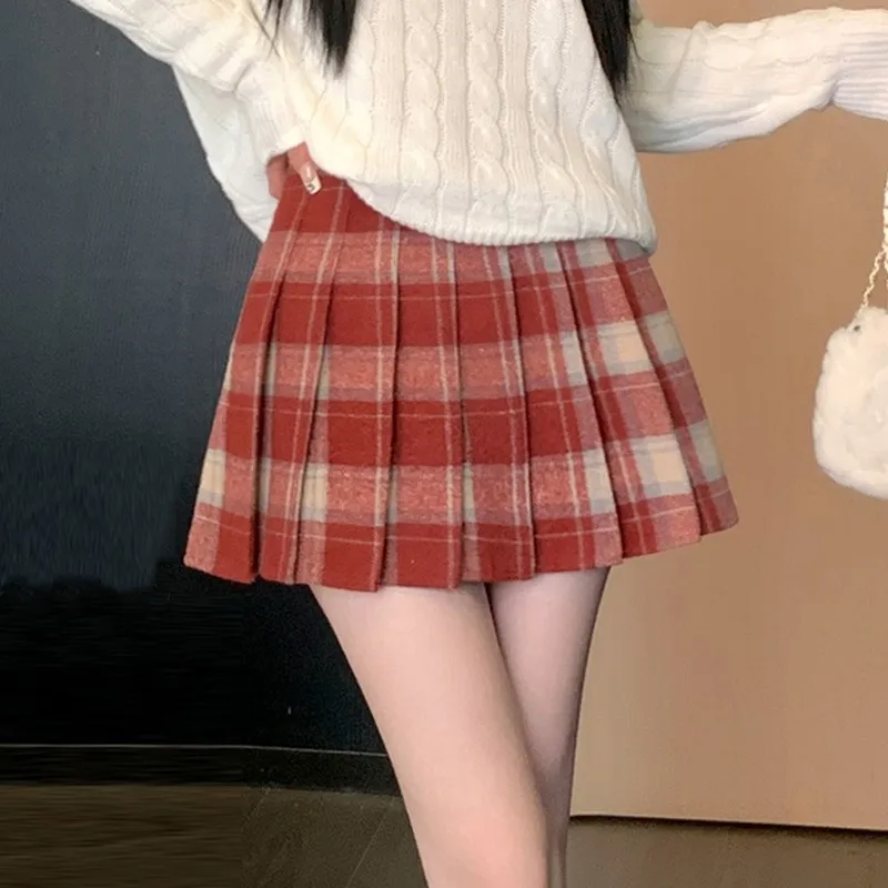 Style Preppy hiver Plaid Vintage plissé Mini jupe en laine pour les femmes taille haute épaissir décontracté école mignon jupe courte femme