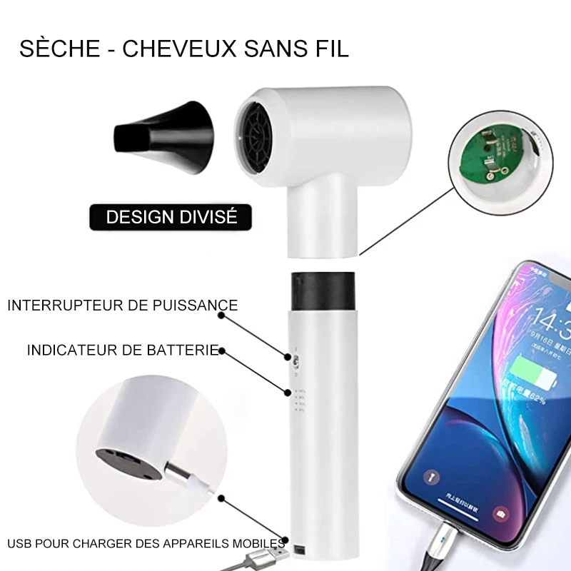 Sèche-cheveux sans fil à charge USB, batterie de travail, air chaud et froid, soufflage de la peau Babyliss, souffleur de pieds secs pour animaux de compagnie