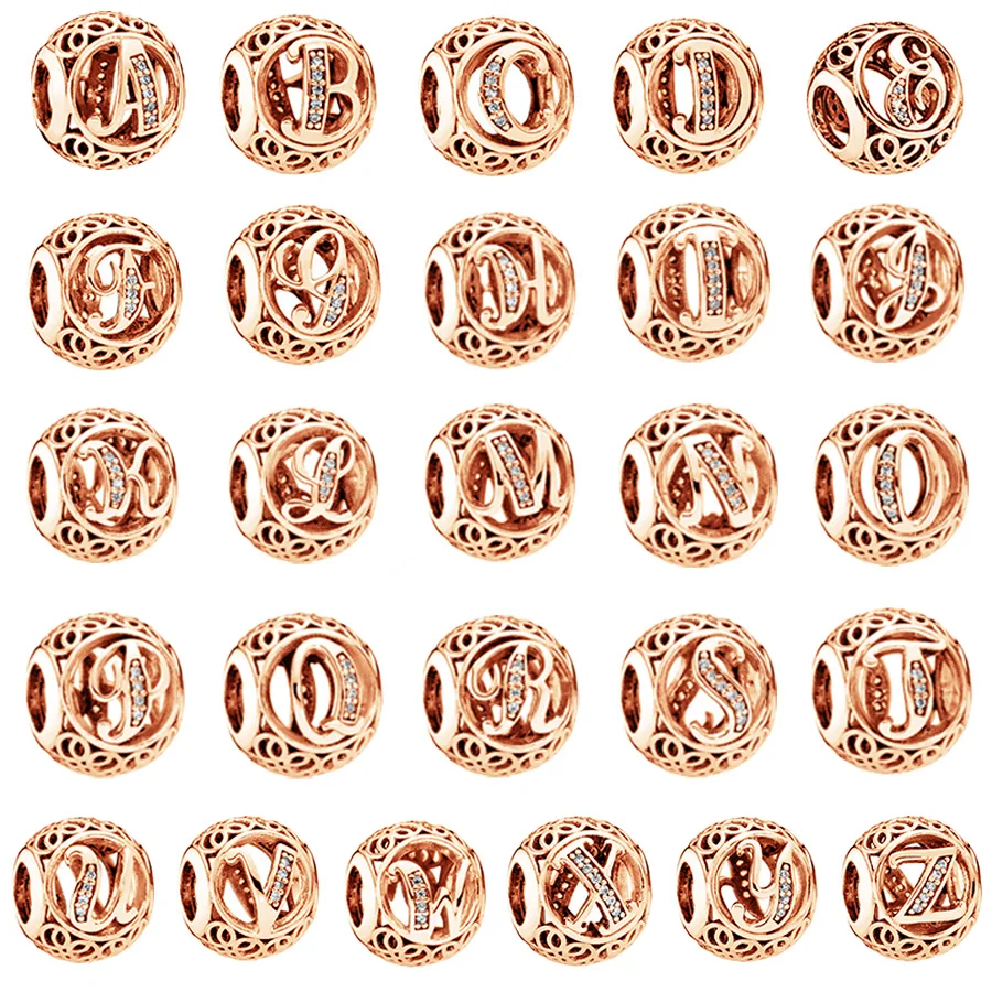 Rose Gold Plated Openwork A - Z Alphabet 26 Letters Charm Bead Fit Original European 925 Sterling Silver Bracelet Bangle Jewelry