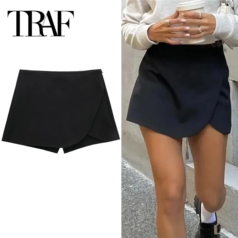 TRAF 2024 noir Mini jupe Shorts femme mode asymétrique jupe pour femmes taille haute jupes courtes femme été Shorts décontracté