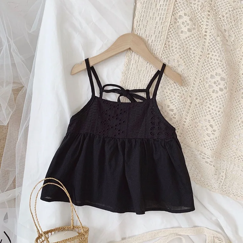 Été enfants fille fronde haut doux fronde manches T-shirt enfants vêtements hauts courts enfant en bas âge couleur unie nœud gilet