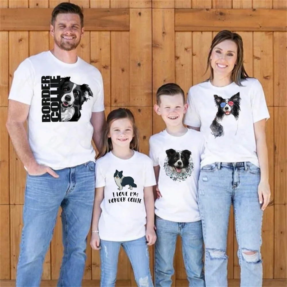 T-shirt à manches courtes Border Collie pour enfants, haut de fête de dessin animé drôle, vêtements pour enfants, blanc mignon, famille, garçons et filles