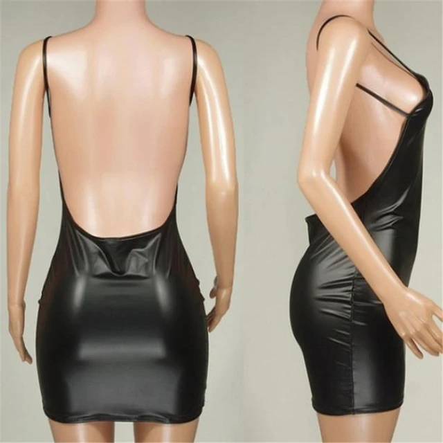 Robe Sexy en Faux cuir, dos nu, robe courte de soirée en boîte de nuit, noir uni, Look mouillé, moulante, soutien-gorge Push Up, Mini Micro robe – Image 4