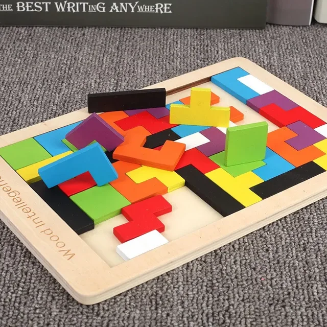 Ensemble de blocs de puzzle en bois, casse-tête, jouet Tangram, intelligence, blocs russes 3D colorés, Montessori dos, 1 ensemble – Image 4