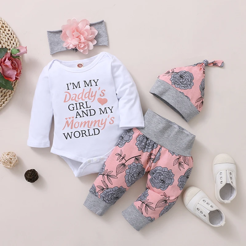 Vêtements pour nouveau-né fille de 0 à 18 mois, barboteuse à manches longues, pantalon Rose avec chapeau et bandeau, tenue de printemps 4 pièces