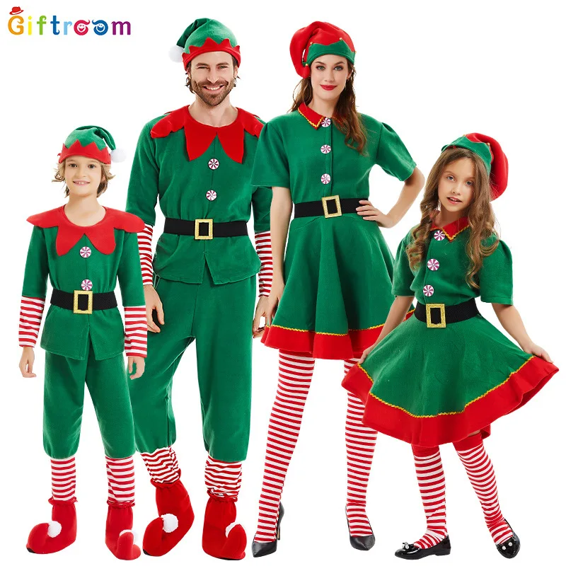 2024 new productsChildren and adults Christmas elf costumes, Santa Claus costume sets, green elves, Halloween cosplay,