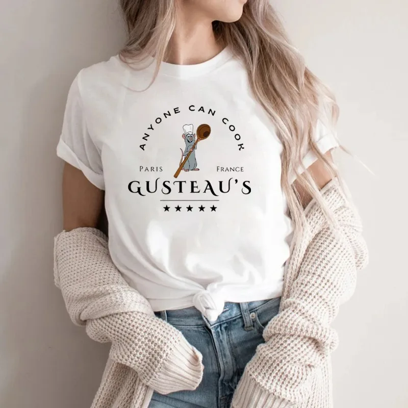Ratatouille T-shirt en coton pour femme, haut Y2K, chemise imprimée souris mignonne de Gusteau, chef Remy, Pixar Rat King, n'importe qui peut cuisiner