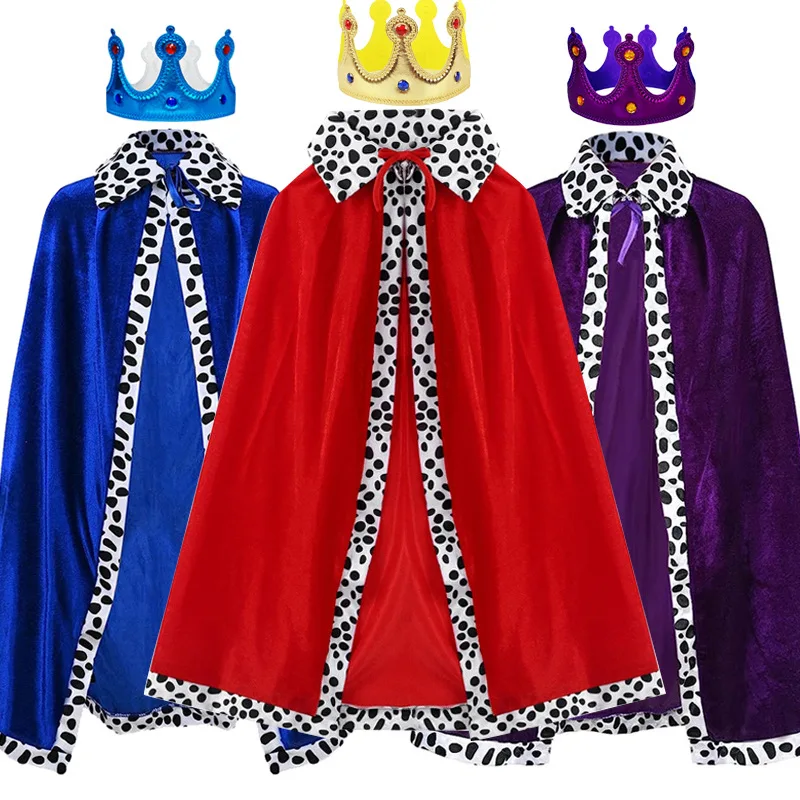 Halloween adult and children's red king cape costumes, prince robes, crowns, velvet capes, birthday party cosplay accessories