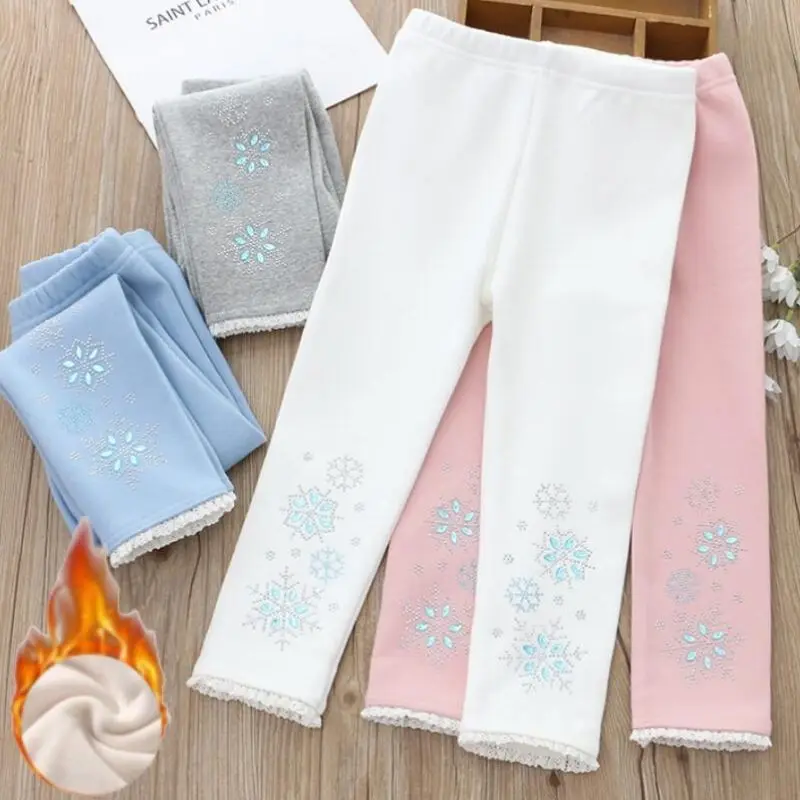 Leggings princesse neige glacée pour filles, pantalons d'automne et d'hiver pour enfants, pantalons en diamant pour bébés filles, pantalons crayon en polaire épaisse