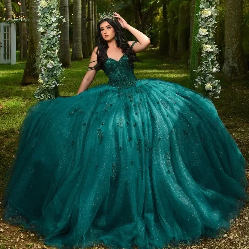 Robe de Rhvert émeraude pour filles, robes de Quinceanera 15 ans, robe de soirée de Rh, robe de fête personnalisée, appliques éducatives, 2025