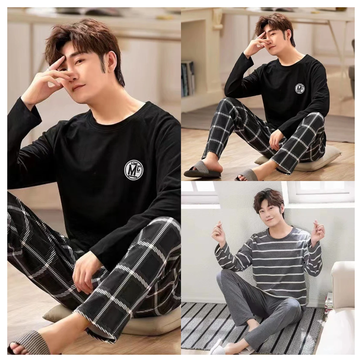 Summer Men's Pyjamas 2024 New Long-Sleeved Large Size Youth Home Wear Suit Black Plaid Trousers Two-Piece Set Can Be Worn Outsid