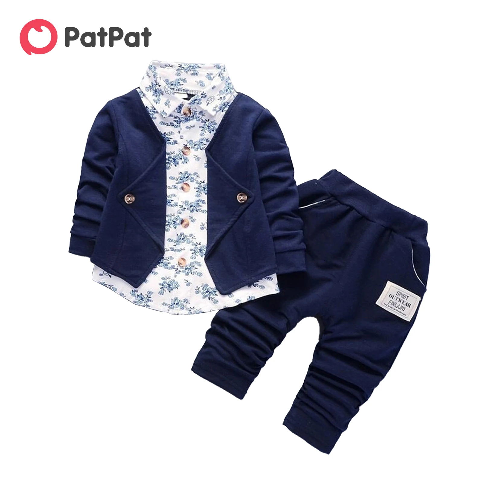 PatPat-Ensemble haut et pantalon à imprimé floral pour bébé garçon, 95% coton, manches longues, faux deux, 2 pièces