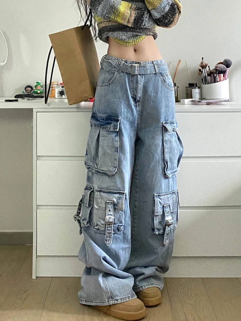 Jean Cargo pour femme, pantalon Cargo Baggy, Style de rue américain, bleu, multi-poches, jambes larges, nouvelle collection automne hiver
