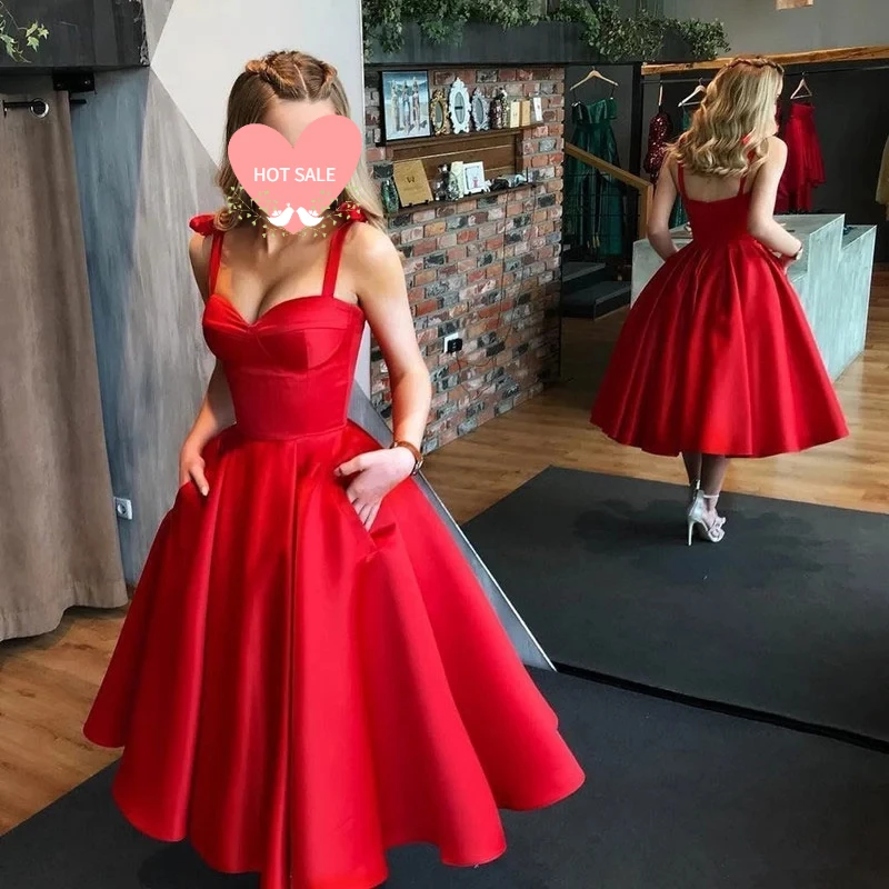 Robes de soirée en satin à dos ouvert, longueur de thé personnalisée, poches