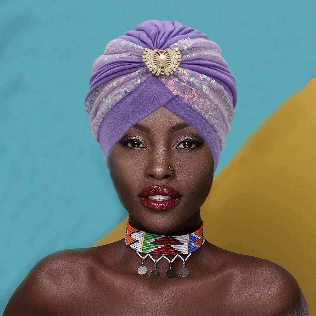 Turban Plissé à Paillettes pour Femme, Chapeau Musulman, Écharpe de Sauna, Bonnet, Enveloppe la Tête, ixAfricaine, Pièce de Sauna, Nigeria, Gele de Mariage