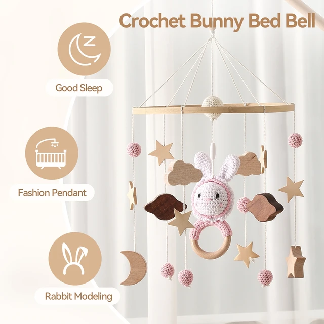 Berceau de bébé Mobile hochet en bois jouet cloche de lit Mobile suspendu rose Crochet lapin jouets nouveau-né boîte à musique berceau support Mobile cadeau – Image 2