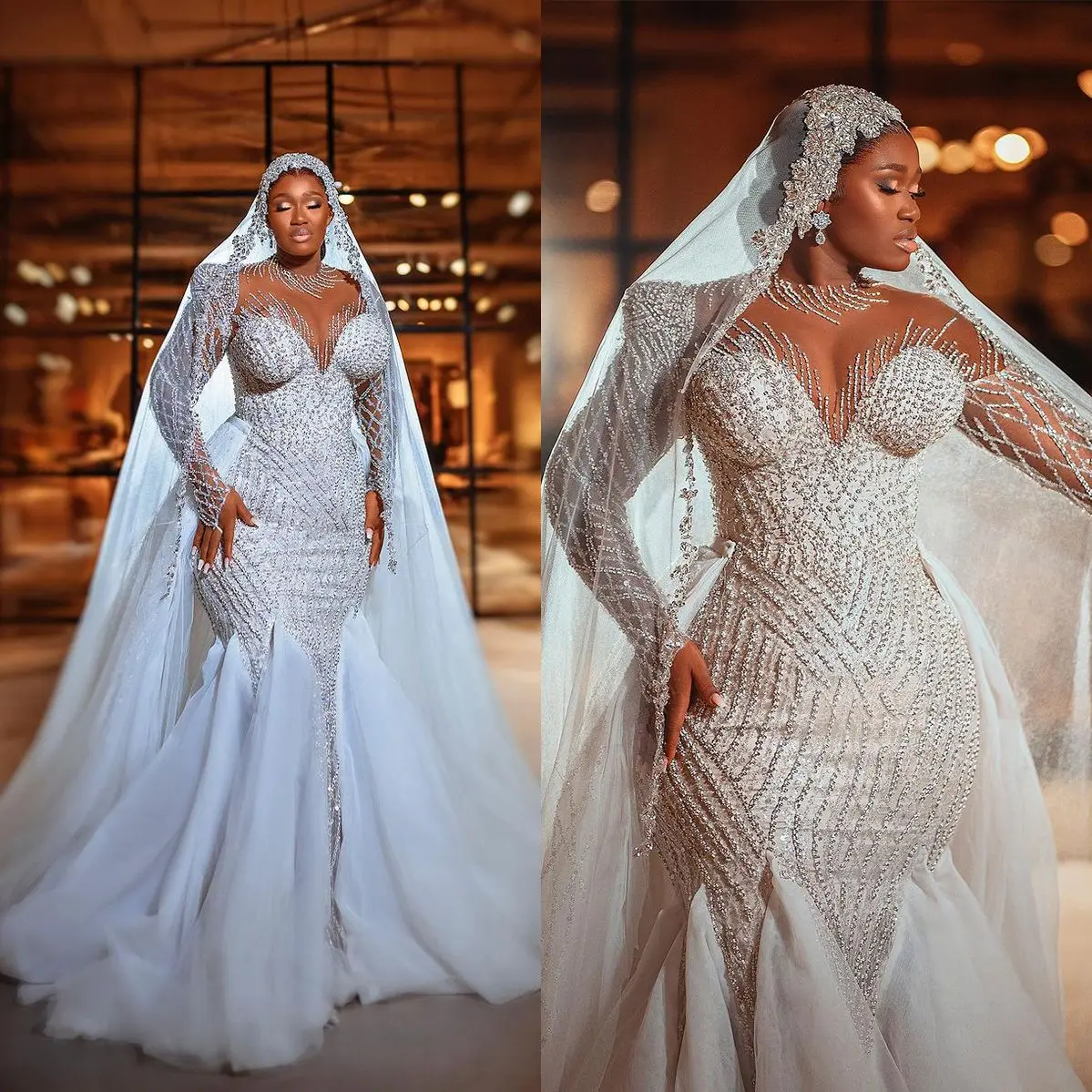 Mode Tulle perles mariage sirène robes Sexy à manches longues robes De mariée cristal dentelle robe De soirée Vestido De Novia