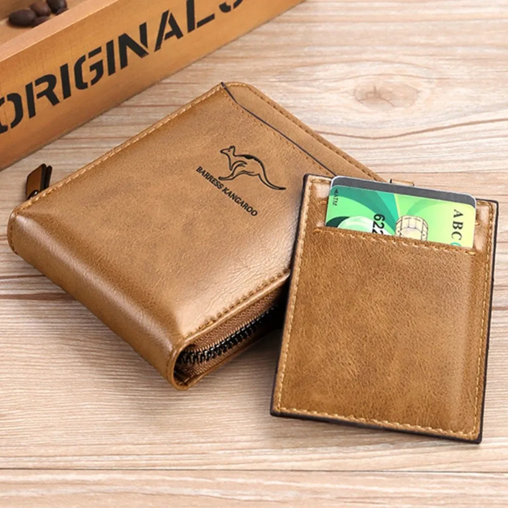 Portefeuille en cuir PU avec fermeture éclair pour homme, porte-cartes de crédit RFID, sac à main court, porte-monnaie, mode
