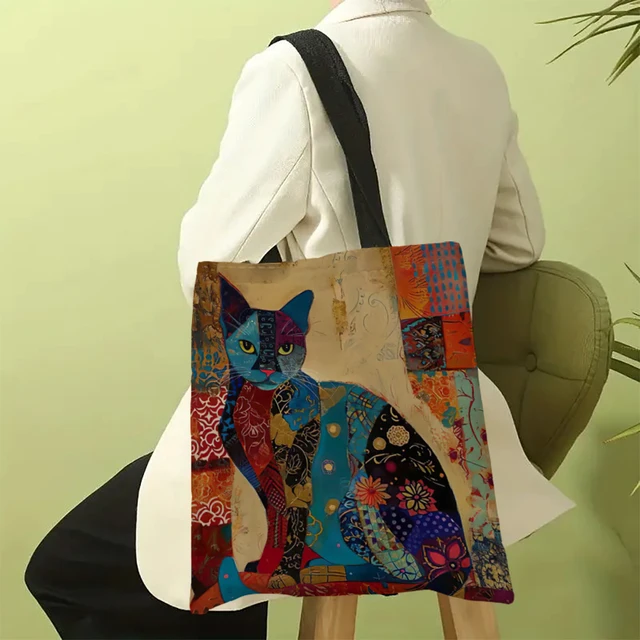 Sac fourre-tout à motif de chat et de fleur ethnique, sac à bandoulière d'école en toile esthétique, sac d'épicerie léger – Image 6