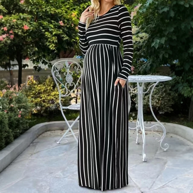 Robe Longue de Grossesse à Rayures et Col Rond pour Femme Enceinte, Vêtement Maxi à la Mode, Nouvelle Collection Automne Hiver 2024 – Image 4