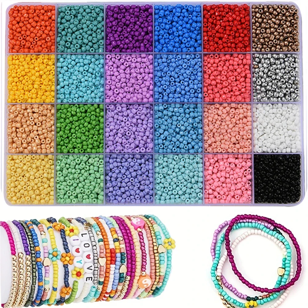 2400 pièces 3mm mélangé 24 couleurs perles de rocaille en verre perles de verre en vrac Kit fabrication de bijoux bricolage artisanat perles mélangées 24 couleurs