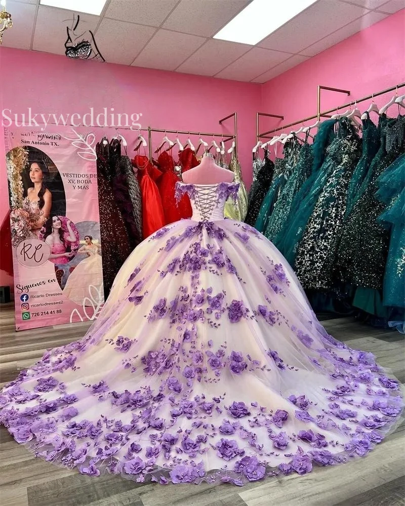 CAN ac-Robes de Quinceanera violettes avec appliques en dentelle, fleurs 3D, dos corset désactivé, robes d'anniversaire Sweet 16, 15 Anos