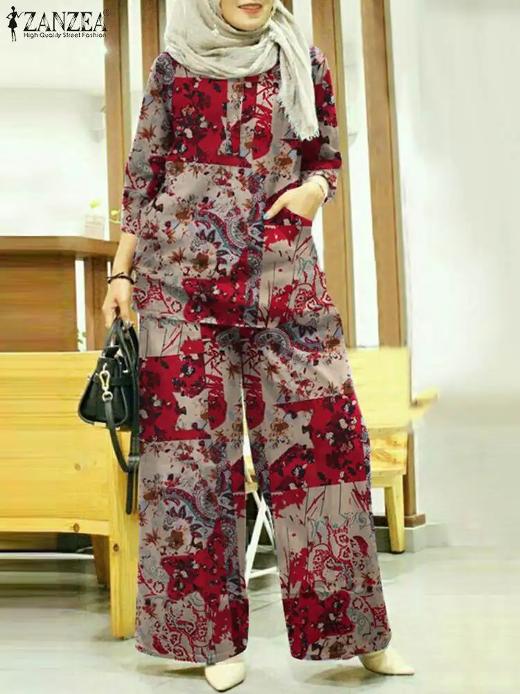 Femmes automne correspondant ensembles ZANZEA bohême imprimé Blouse jambe large pantalon ensembles femme costume musulman mode 2 pièces survêtements floraux