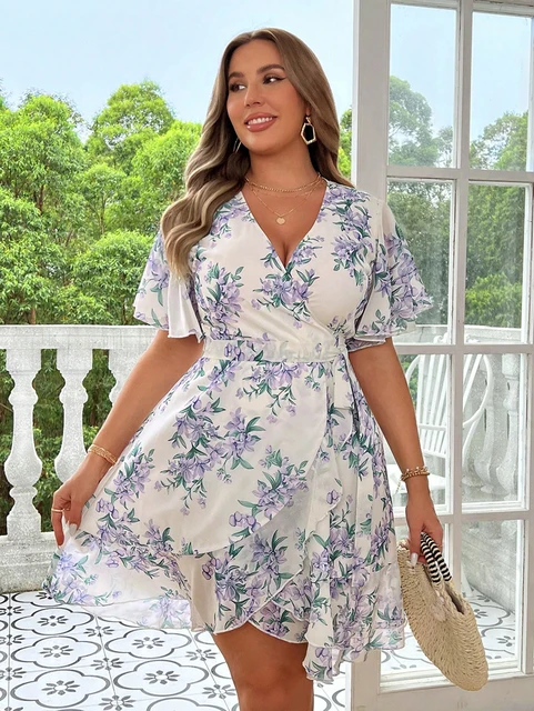 Robe tunique blanche à motif floral pour femmes, grande taille, col en v, en Polyester, meilleur pour l'été, nouvelle collection printemps/été 2025 – Image 3