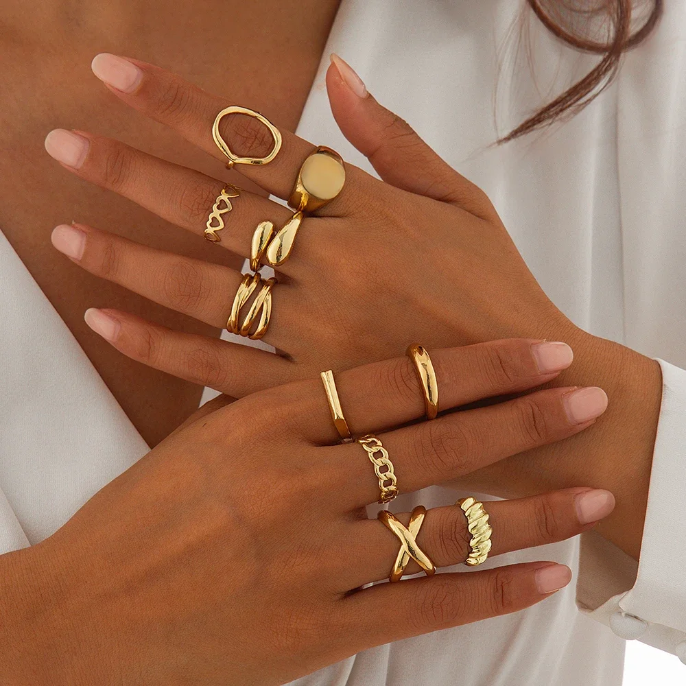 Ingemark 10Pcs/Set Vintage smoothWater Drop Open Rings for womenCreative Metal Gold Color Finger RingsDaily jewelry Gift New