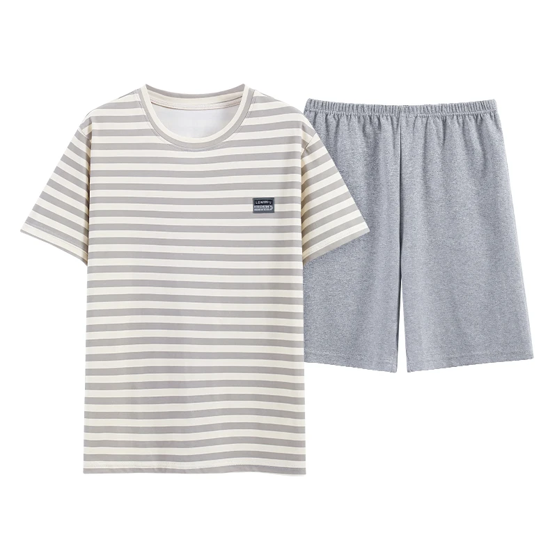 Newest Summer Knited Cotton Pajamas Set Loose L-5XL Men Pyjamas Short Sleeve Stried Sleepwear Male Leisure Home Clothing