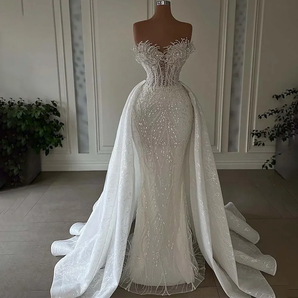 Robe de Mariée Sirène Personnalisée avec Perles et Plumes, Tenue de Luxe avec Traîne Amovible et Poignées Transparentes